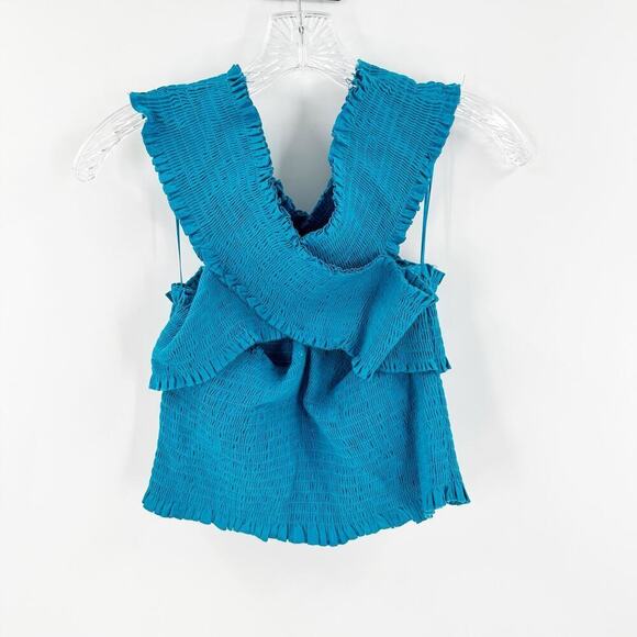 Urban Outfitters Blue Smocked V-Back Cross Neck Cropped Top Women's Size Large - Picture 4 of 9
